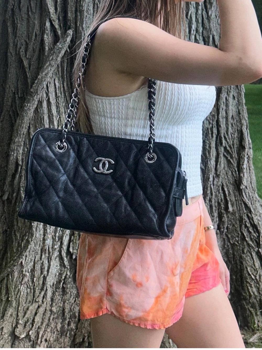 CHANEL CC Medium Shopper Tote Shoulder Bag Caviar Quilted Leather Black